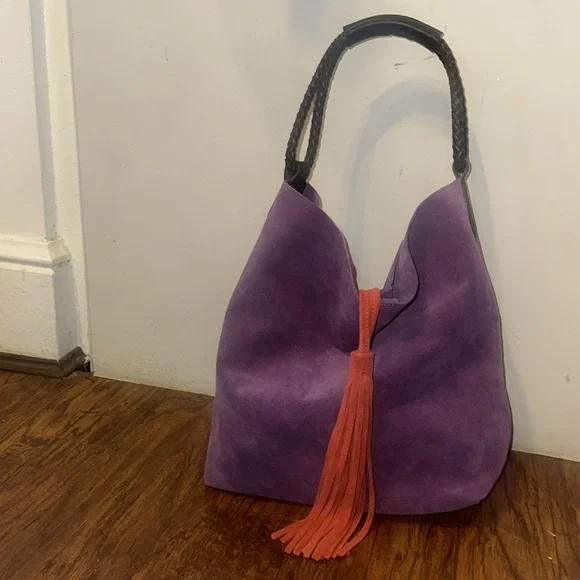 Uno Alla Volta Florentine Suede Leather Purple/orange tassel Bucket Bag - Picture 6 of 13